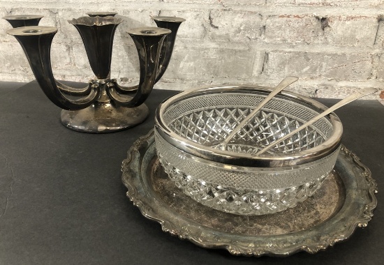 5-cup Candle/Vase Epergne - 6½"x12"; 3-piece Glass & Silver Salad Set; 12"