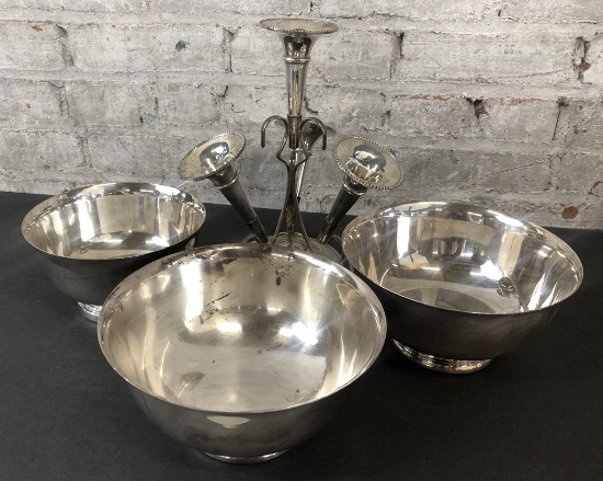 3 Revere Style Silverplated Bowls; 5-piece Silverplated Epergne - 11"