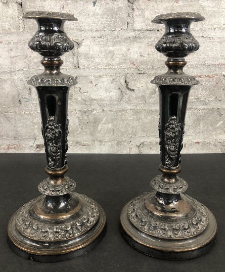 Pair Silverplated & Copper 10½" Candlesticks