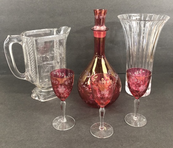 Patterned Glass Pitcher; Heavy Vase - Small Chip On Rim; 11½" Decanter; 3 S