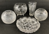 3 Crystal Rose Bowls; Cut Glass Vase; Cut Glass Ice Cream Tray