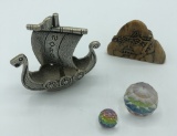 Viking Pewter Ship; 2 Cut Crystal Spheres; Carved Stone Stamp