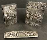 Danish Chased Silver Tea Box; Matchbox Holder; Comb In Case