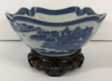 Nice Blue & White Bowl W/ Wooden Base - 9½