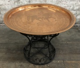 Heavy Chased Copper Tray On Wrought Iron Base - 23½