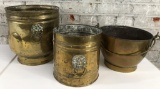 2 Brass Pots W/ Lion & Ring Handles; 1800s Brass Pail W/ Brass Handle - 9½