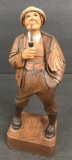 Carved Wood Figure - Man Holding Umbrella & Pipe - 10