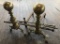 Pair Cannonball Solid Brass Andirons; 3 Brass Fireplace Tools
