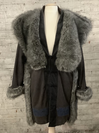 Grey Faux Fur Trimmed Suede Coat W/ Blue Accent Stitching - No Label Or Siz