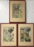3 Vintage Asian Watercolors - Matt Board Covers Signatures, Framed W/ Plexi