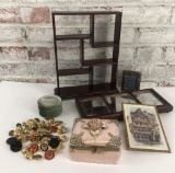 Estate Lot - Lefton China Box, Wood Display, Designer Buttons, Etc.