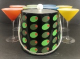 8 Cased Art Glass Martini Stems; Ice Bucket & Tongs