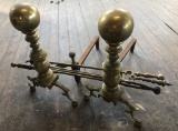 Pair Cannonball Solid Brass Andirons; 3 Brass Fireplace Tools