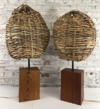 2 Lamps W/ Block Bases & Woven Shades - 34