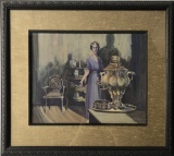 Karen Iverson Watercolor - Lady & Interior, Framed W/ Glass 24¾
