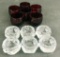 Set Of 6 Etched Glass Salt Cellars;     Set Of 6 Ruby Pigeon Blood Salt Cellars
