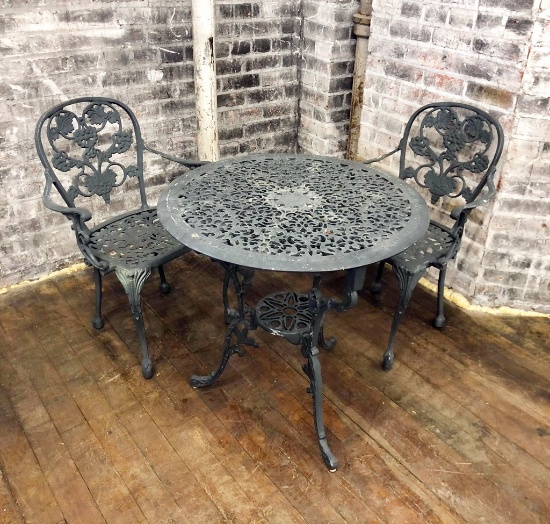 Vintage Cast Aluminum Bistro Set W/ 2 Chairs - Table 28" Dia. - LOCAL PICKU