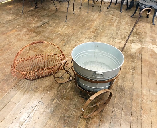 Cute Iron Planter W/ Galvanized Bucket - 34" Long; Iron Basket