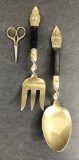 Brass & Wooden Handled Salad Set;     Pair Vintage Sewing Scissors