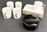 5 French Demitasse Cups & Trays;     Vintage Otagiri Box