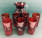 Vintage Mid-Century Red Glass Pitcher W/ 7 Tumblers