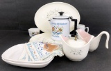 Vintage Mid-Century Creamer & Sugar Bowl;     Enameled Teapot;     6 Swedis
