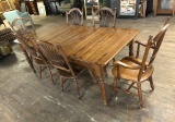 6 Nichols & Stone Oak Chairs (2 Arm & 4 Side);     Farm Style Table W/ Draw