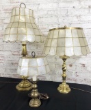 3 Brass Lamps W/ Capizzo Shades - Tallest Is 31