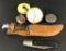 Knife In Leather Sheath;     2 Metal Tape Measures;     Vintage Knife;