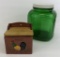 Vintage Terra Cotta Rooster Salt Box;     Large Forest Green Pantry Jar