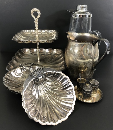 Large Glass Pitcher;     Silverplate - Includes Double Tray Server, 3 Shell