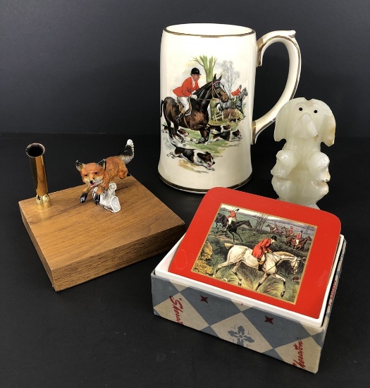 Hunt Scene England 5¾" Stein;     Cast Metal Fox Pen Holder;     Set Vintag