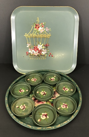 Vintage Square Hand Painted Metal Tray;     Vintage Hand Painted Tray W/ 8