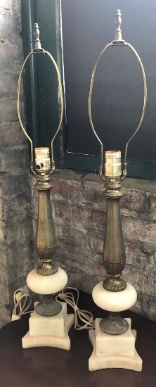 Pair Vintage 1940s Alabaster & Metal Lamps - 29" - LOCAL PICKUP ONLY