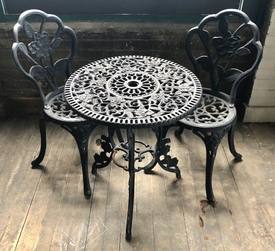 Cast Iron 24" Round Bistro Table;     2 Cast Iron Chairs - 27½" Tall - LOCA