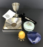 Toyo Carved Box;     Florentine Coin Bowl;     Egg On Stand;     Amethyst Colored Cut Crystal Stoppe