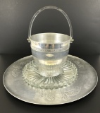 Large Vintage Aluminum Tray & Glass Dish;     Aluminum Ice Bucket W/ Lucite