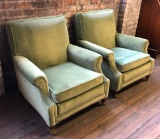 Pair Vintage Velvet Covered Armchairs W/ Brass Casters - LOCAL PICKUP ONLY