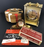 Vintage Poker Chips & Wooden Holder;     2 Clocks