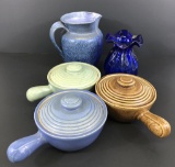 3 Crock Sets;     Art Pottery Pitcher;     Cobalt Blue 5½