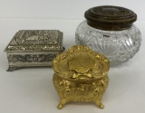 Antique Glass & Brass Powder Dish;     Old Souvenir Ring Box - Denver Color