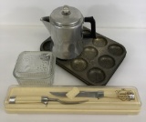 Vintage Carving Set;     Refrigerator Covered Box;     Vintage Coffee Pot;