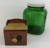Vintage Terra Cotta Rooster Salt Box;     Large Forest Green Pantry Jar