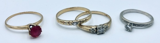 3 14kt Gold & Diamond Rings - Sizes 6¼ 8 & 8½;     14kt Gold & Ruby Ring - Size 8¾ - Total Weight Al