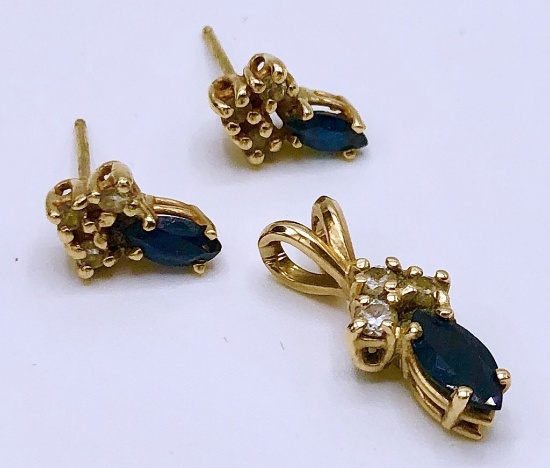 14kt Gold Diamond & Sapphire Earrings & Pendant - 3.0 Gr