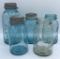 5 Vintage Blue Glass Canning Jars