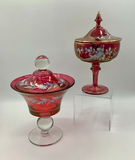 2 Cranberry Glass Covered Candy Dishes - 10" & 9¾" Tall