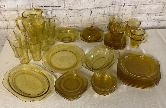 54 Pieces Amber Depression Glass - Indiana Glass, Madrid Pattern - 8 9" Din