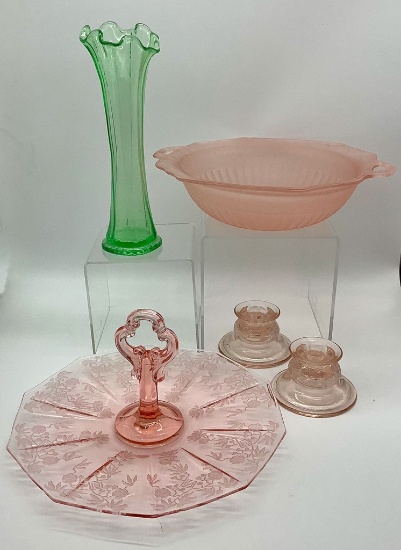 Green Depression Glass Vase - 10";     Pink Satin Glass Berry Bowl - 12"x10