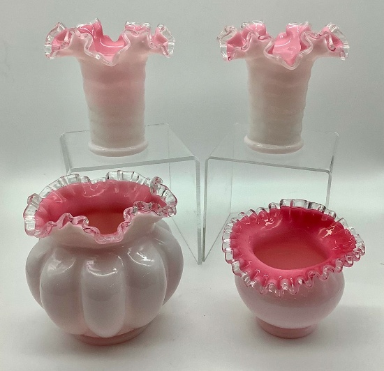 Fenton Pink & White Ruffled Vase - 6"x5¼" Tall;   Fenton Pink & White Jack